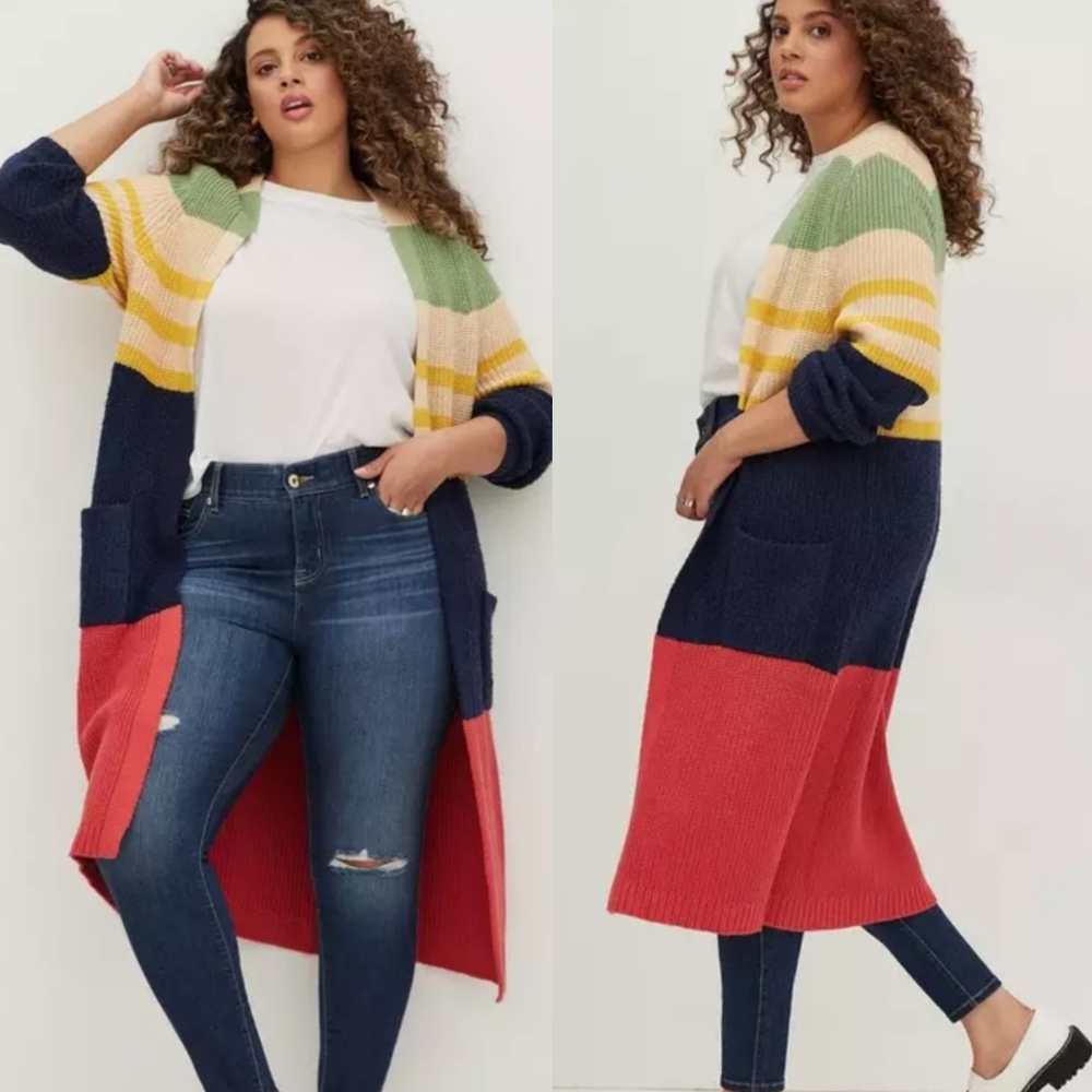 Torrid Colorblock Long‎ Duster Sweater Cardigan Size 2X Spring Easter